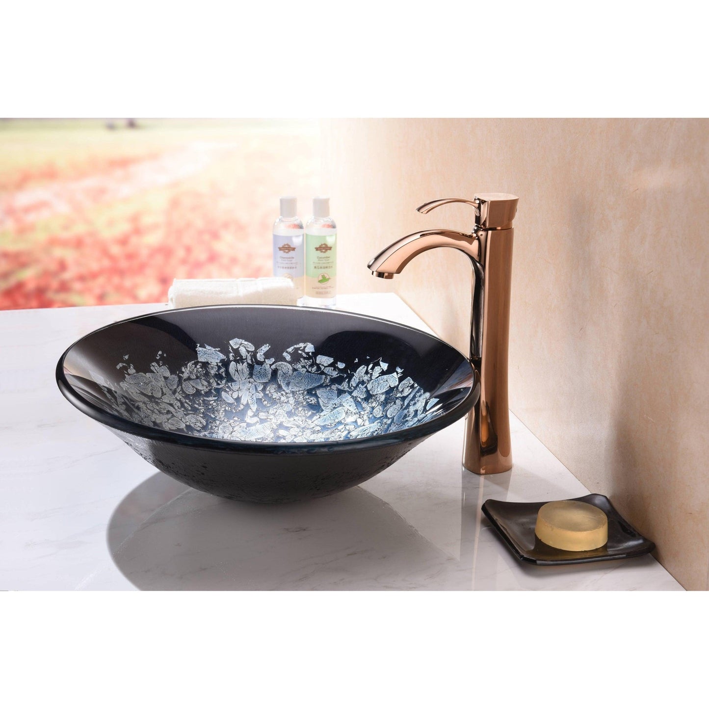 ANZZI Makata Series 18" x 18" Round Silver Burst Deco-Glass Vessel Sink With Polished Chrome Pop-Up Drain