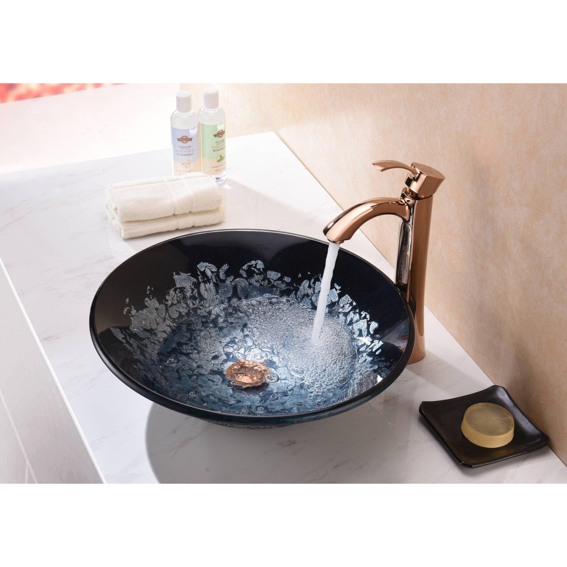 ANZZI Makata Series 18" x 18" Round Silver Burst Deco-Glass Vessel Sink With Polished Chrome Pop-Up Drain