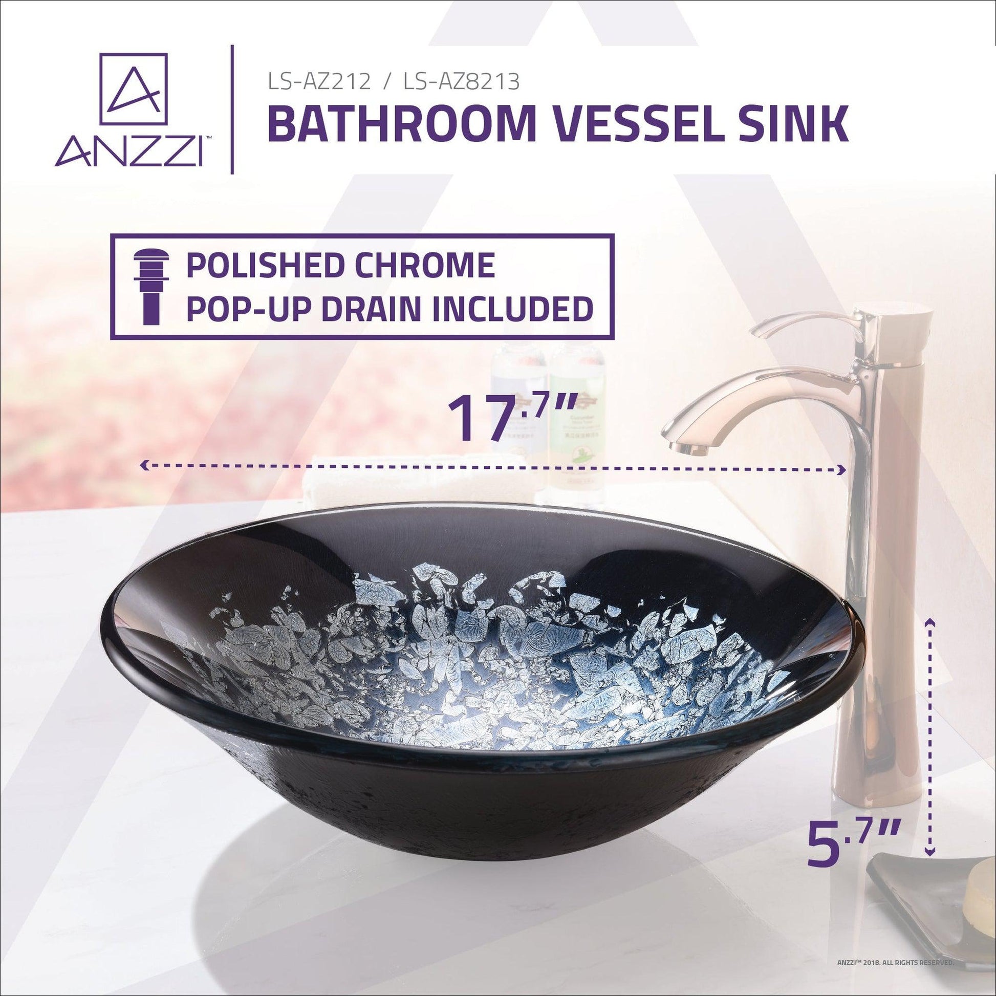 ANZZI Makata Series 18" x 18" Round Silver Burst Deco-Glass Vessel Sink With Polished Chrome Pop-Up Drain