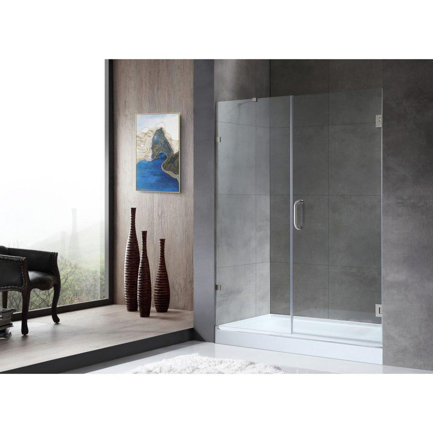 ANZZI Makata Series 60" x 72" Frameless Alcove Brushed Nickel Hinged Shower Door With Handle and Tsunami Guard