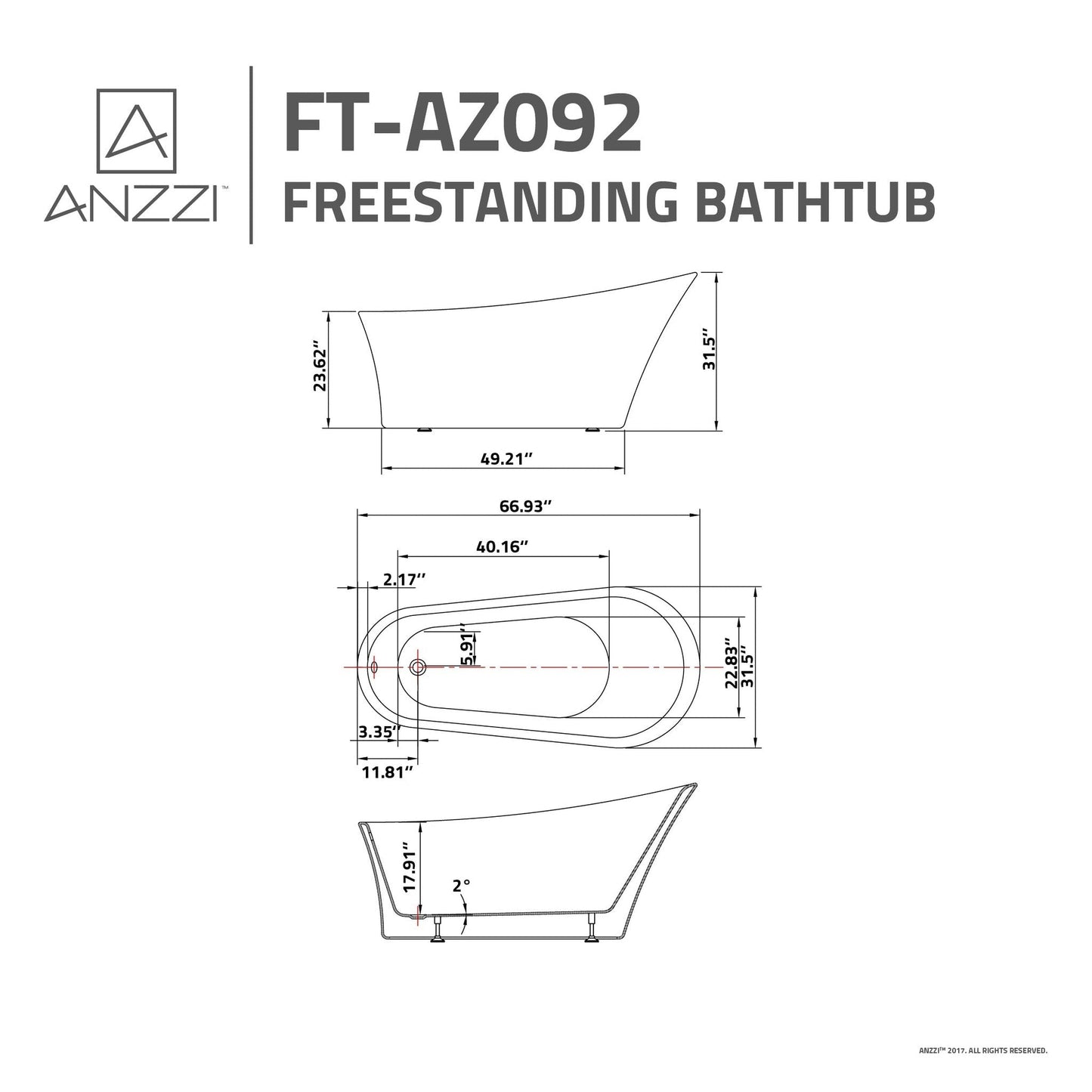 ANZZI Maple Series 67" x 31" Glossy White Freestanding Bathtub With Built-In Overflow and Pop-Up Drain