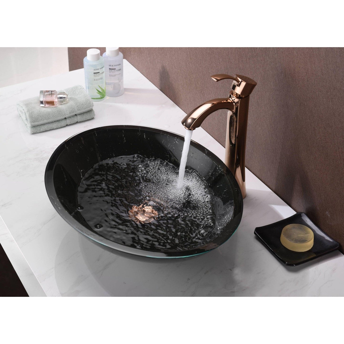 ANZZI Marbela Series 20" x 16" Oval Shaped Marbled Black Deco-Glass Vessel Sink With Polished Chrome Pop-Up Drain