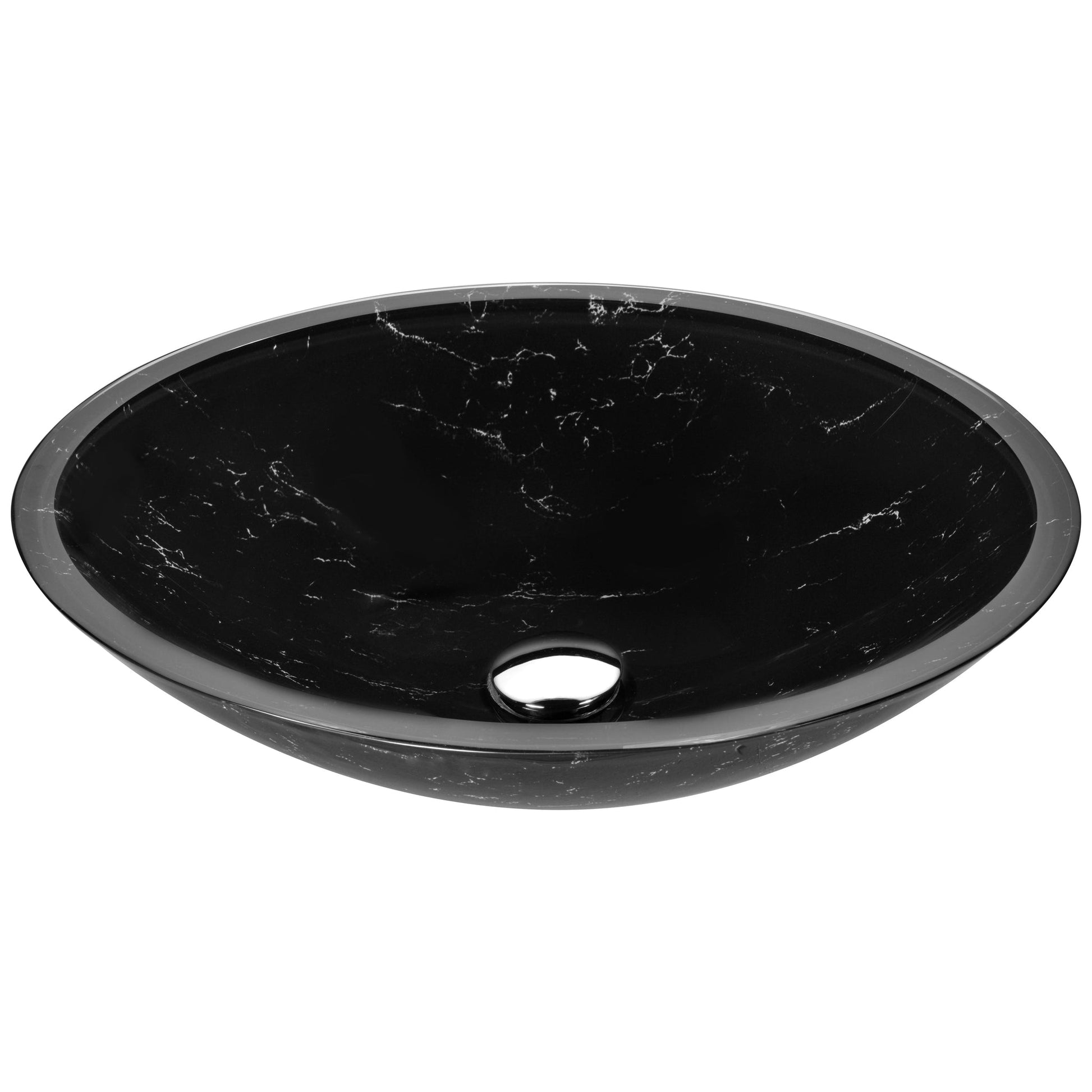 ANZZI Marbela Series 20" x 16" Oval Shaped Marbled Black Deco-Glass Vessel Sink With Polished Chrome Pop-Up Drain