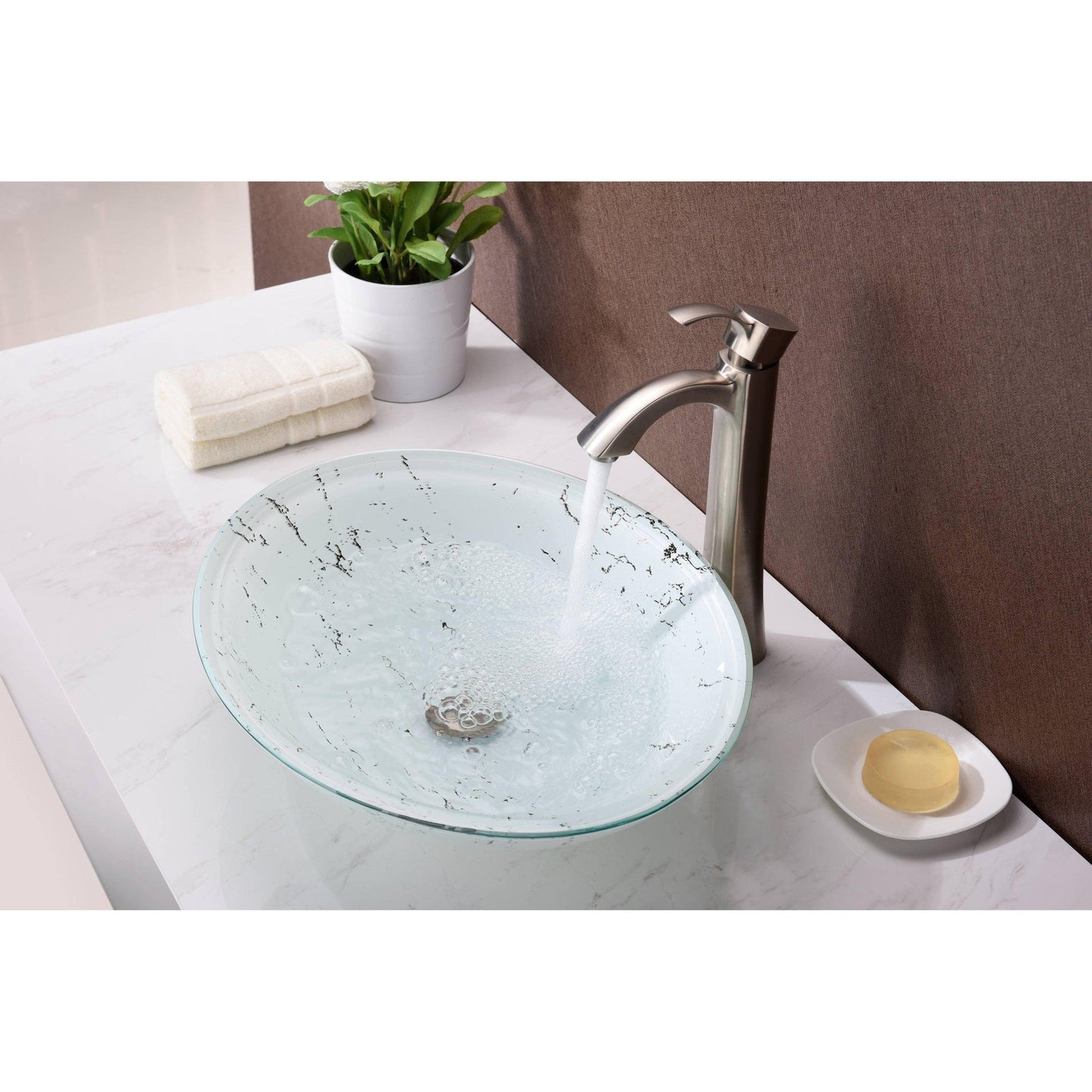 ANZZI Marbela Series 20" x 16" Oval Shaped Marbled White Deco-Glass Vessel Sink With Polished Chrome Pop-Up Drain