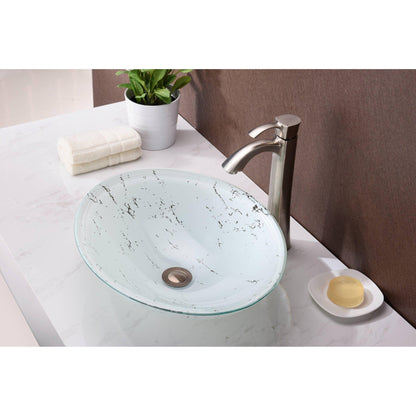 ANZZI Marbela Series 20" x 16" Oval Shaped Marbled White Deco-Glass Vessel Sink With Polished Chrome Pop-Up Drain