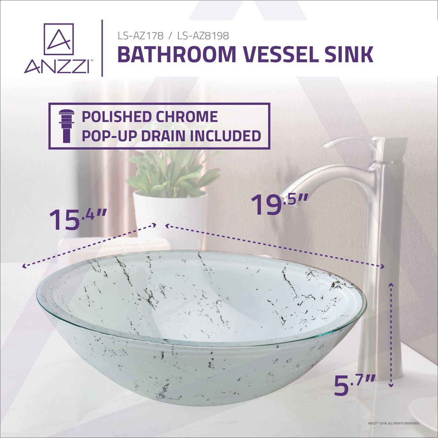 ANZZI Marbela Series 20" x 16" Oval Shaped Marbled White Deco-Glass Vessel Sink With Polished Chrome Pop-Up Drain