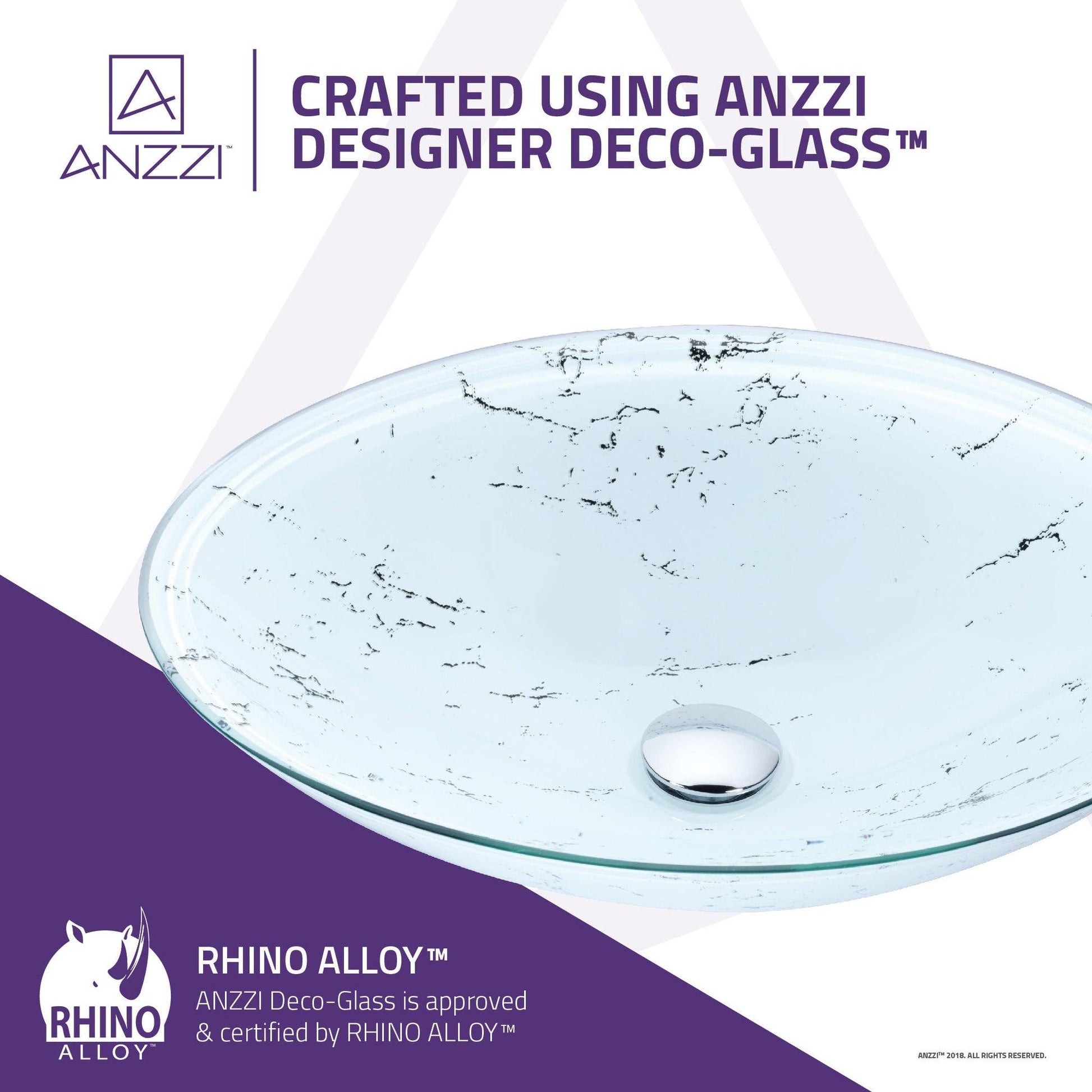 ANZZI Marbela Series 20" x 16" Oval Shaped Marbled White Deco-Glass Vessel Sink With Polished Chrome Pop-Up Drain