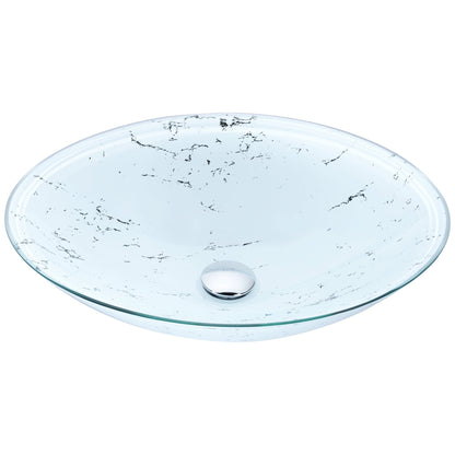 ANZZI Marbela Series 20" x 16" Oval Shaped Marbled White Deco-Glass Vessel Sink With Polished Chrome Pop-Up Drain