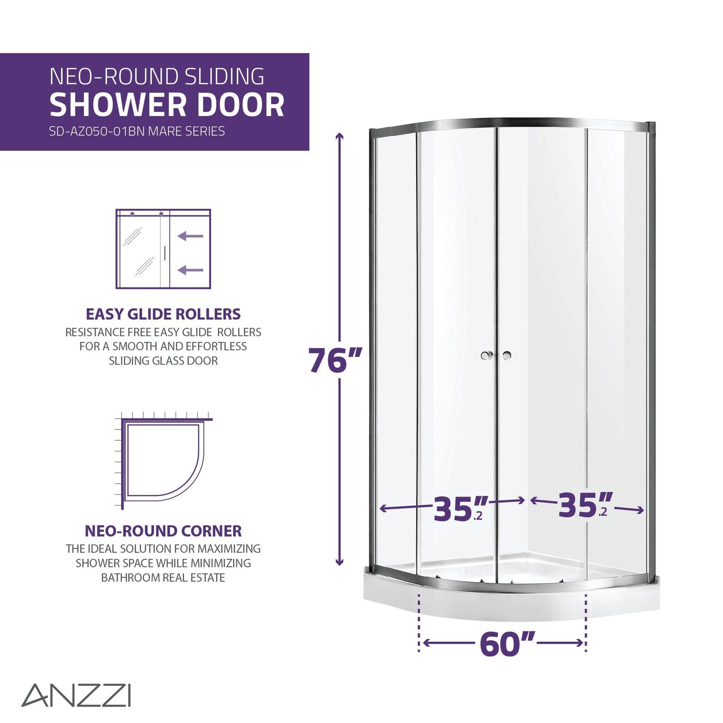 ANZZI Mare Series 35" x 76" Framed Round Brushed Nickel Sliding Shower Door Enclosure With Handle and Tsunami Guard