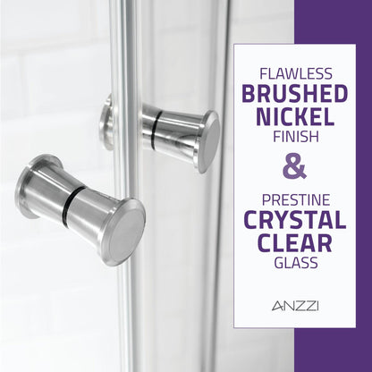 ANZZI Mare Series 35" x 76" Framed Round Brushed Nickel Sliding Shower Door Enclosure With Handle and Tsunami Guard