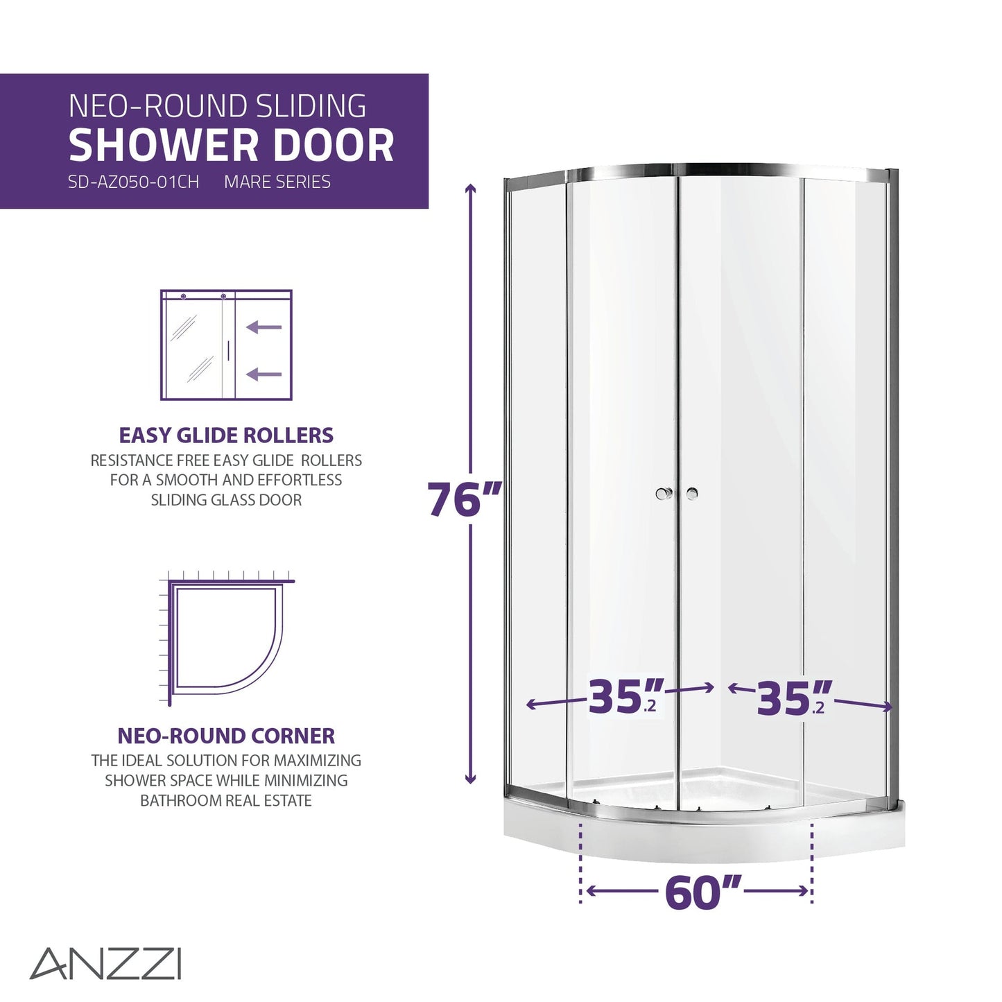 ANZZI Mare Series 35" x 76" Framed Round Polished Chrome Sliding Shower Door Enclosure With Handle and Tsunami Guard