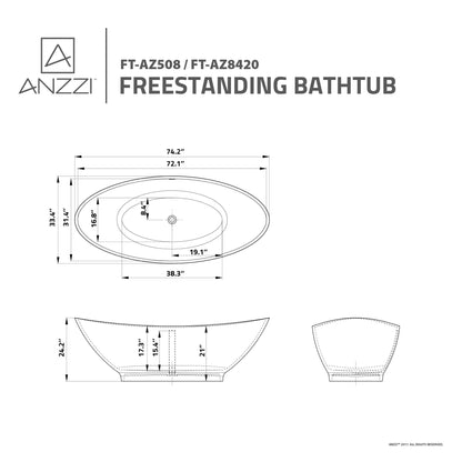 ANZZI Masoko Series 74" x 34" Matte White Freestanding Bathtub With Built-In Overflow and Pop-Up Drain