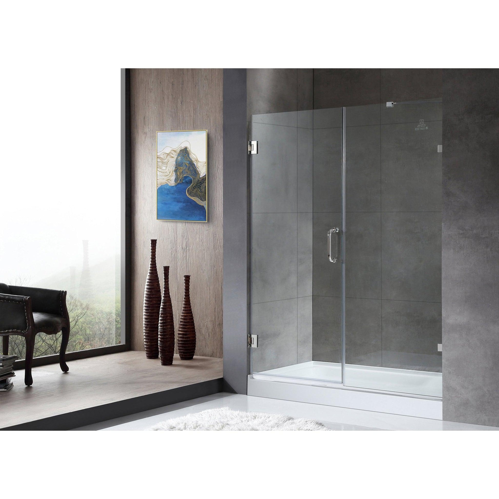 ANZZI Maverick Series 60" x 72" Frameless Alcove Polished Chrome Hinged Shower Door With Handle and Tsunami Guard