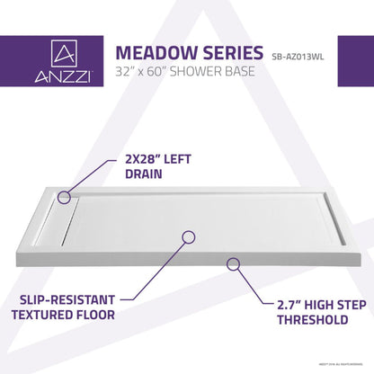 ANZZI Meadow Series 32" x 60" Left Drain With Cover Single Threshold White Shower Base