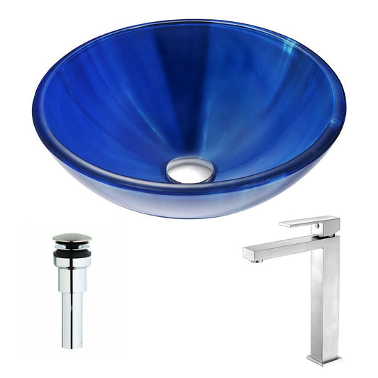 ANZZI Meno Series 17" x 17" Round Lustrous Blue Deco-Glass Vessel Sink With Chrome Pop-Up Drain and Brushed Nickel Enti Faucet