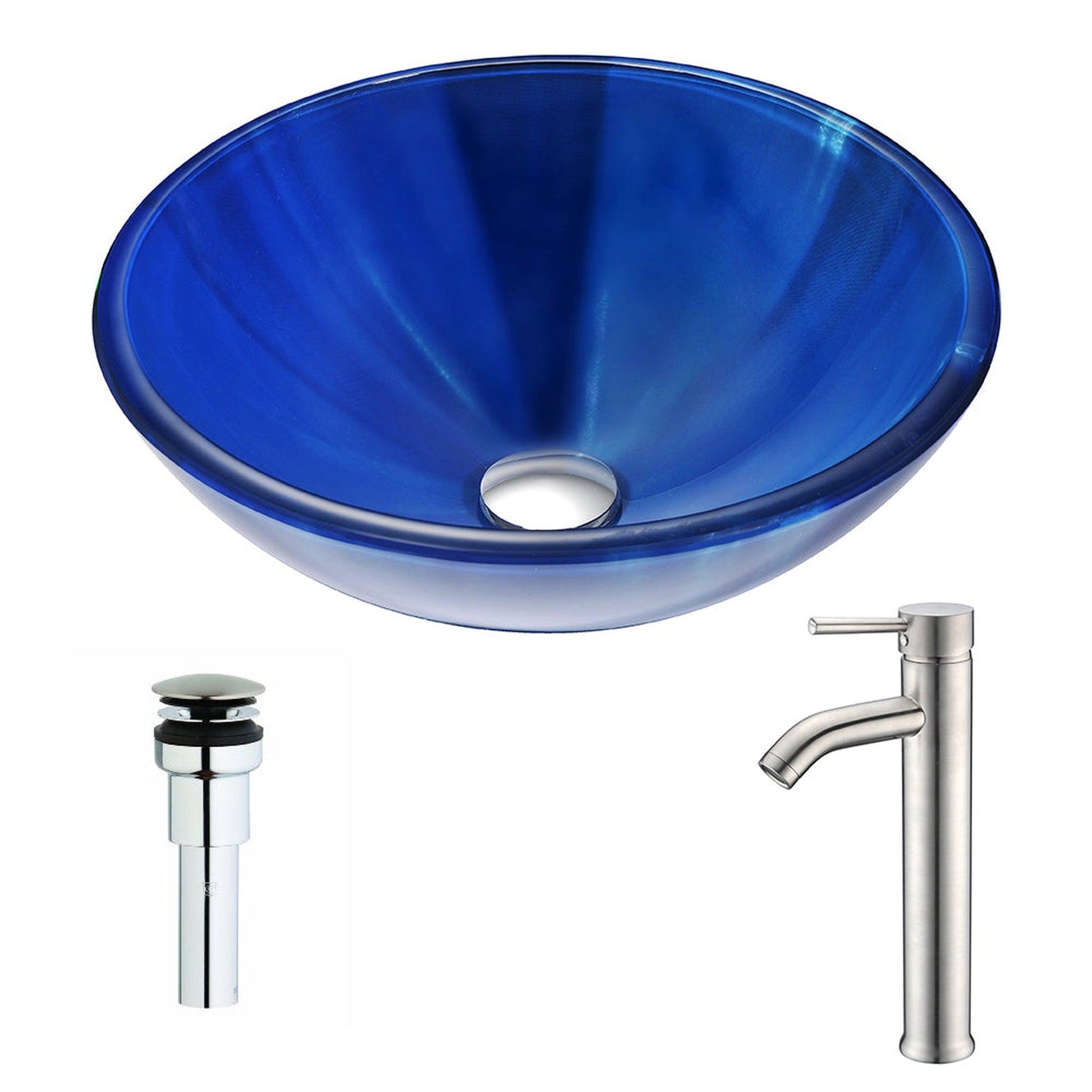 ANZZI Meno Series 17" x 17" Round Lustrous Blue Deco-Glass Vessel Sink With Chrome Pop-Up Drain and Brushed Nickel Fann Faucet