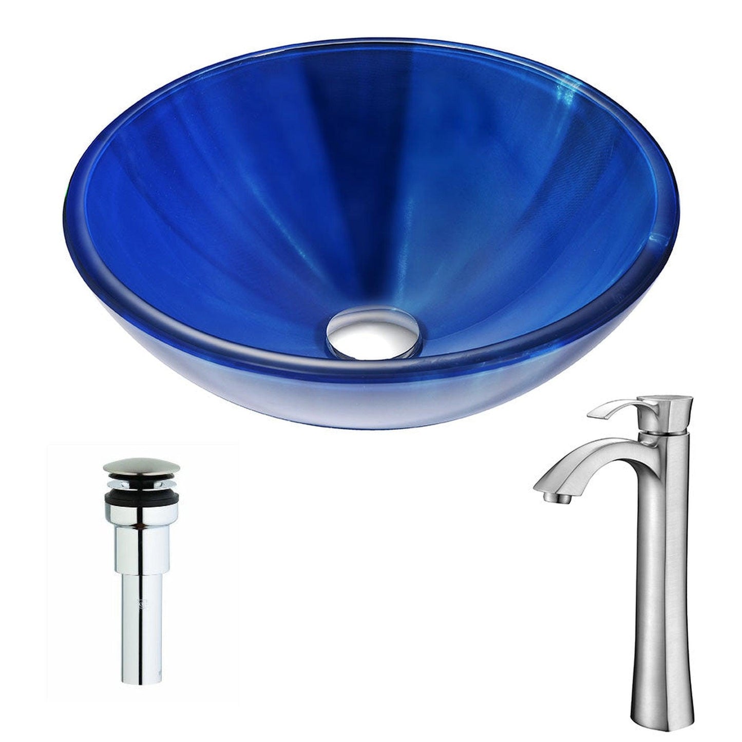 ANZZI Meno Series 17" x 17" Round Lustrous Blue Deco-Glass Vessel Sink With Chrome Pop-Up Drain and Brushed Nickel Harmony Faucet