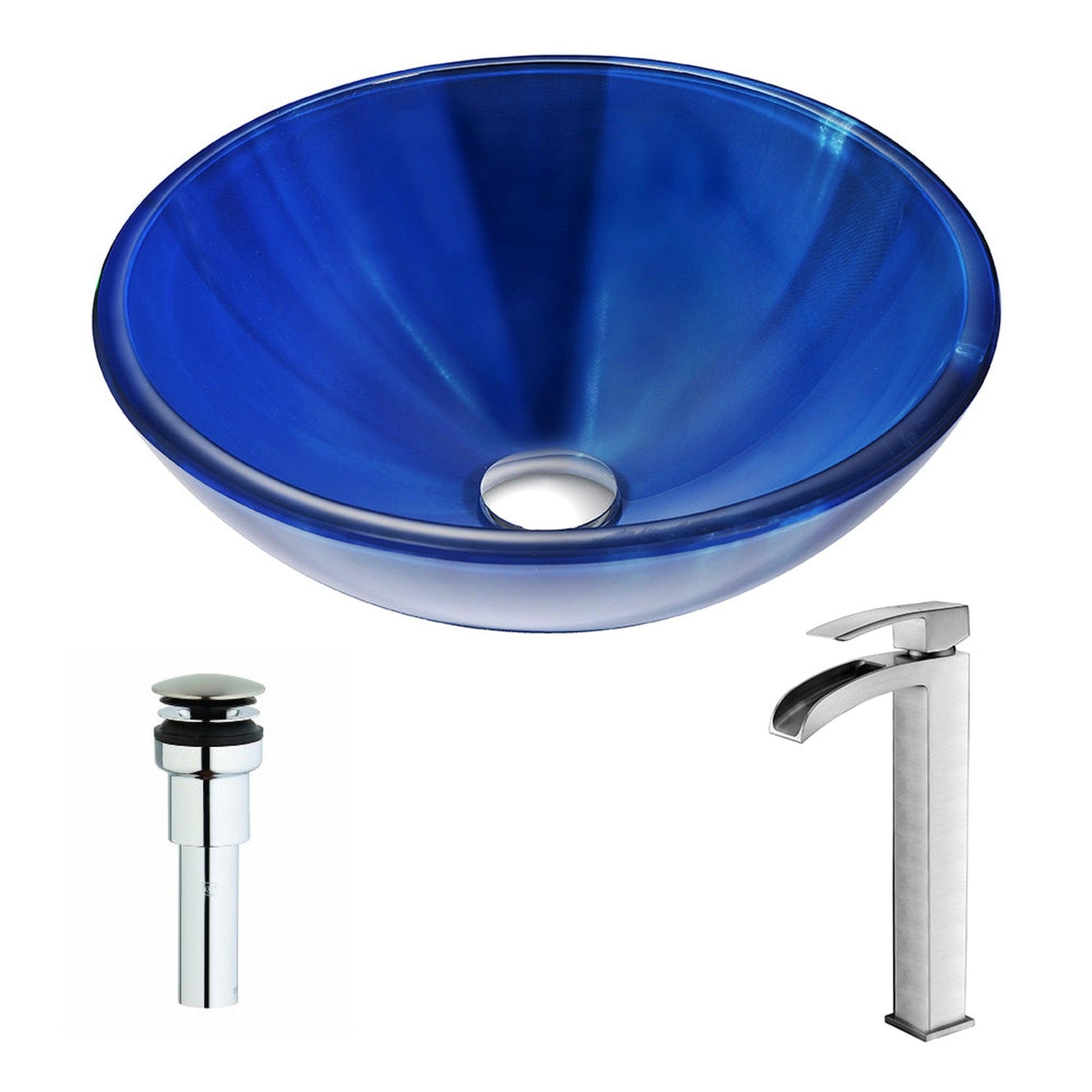 ANZZI Meno Series 17" x 17" Round Lustrous Blue Deco-Glass Vessel Sink With Chrome Pop-Up Drain and Brushed Nickel Key Faucet
