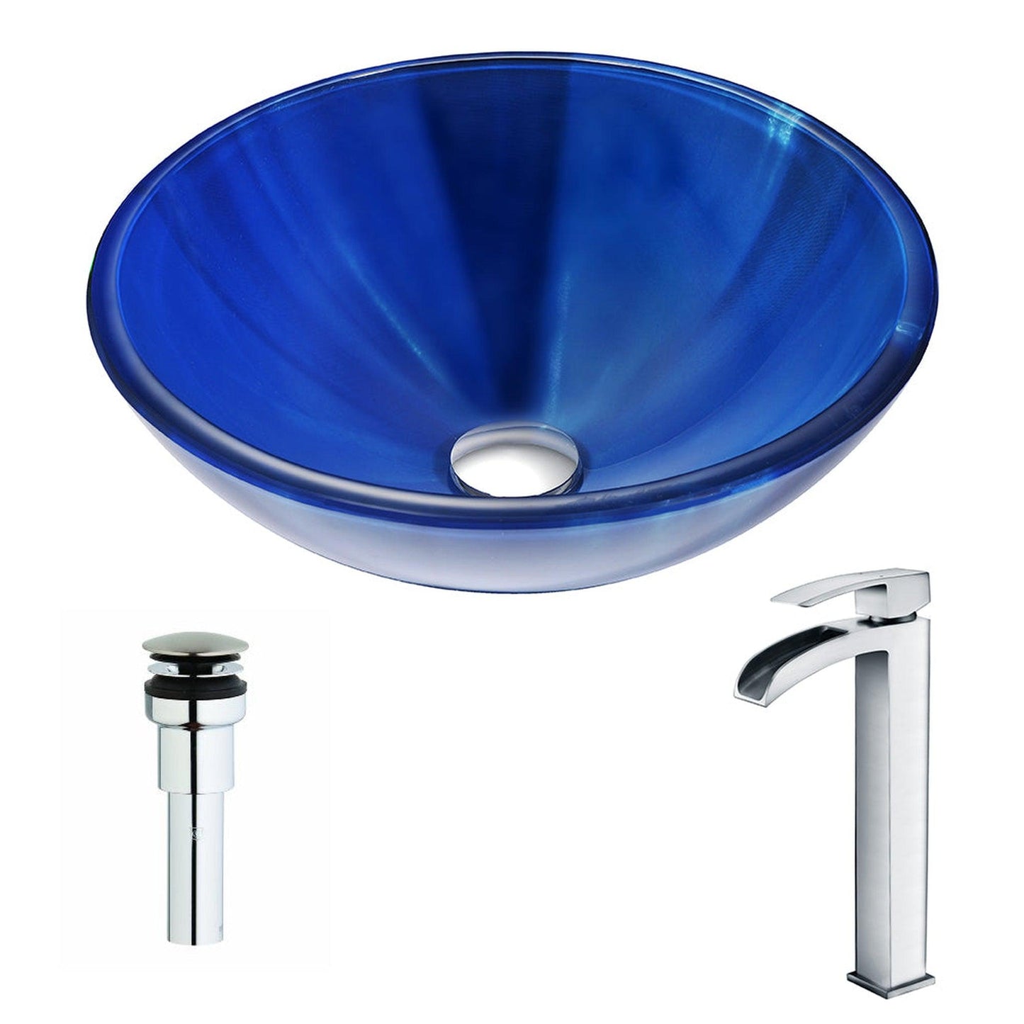 ANZZI Meno Series 17" x 17" Round Lustrous Blue Deco-Glass Vessel Sink With Chrome Pop-Up Drain and Key Faucet