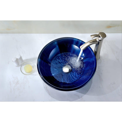 ANZZI Meno Series 17" x 17" Round Lustrous Blue Deco-Glass Vessel Sink With Polished Chrome Pop-Up Drain