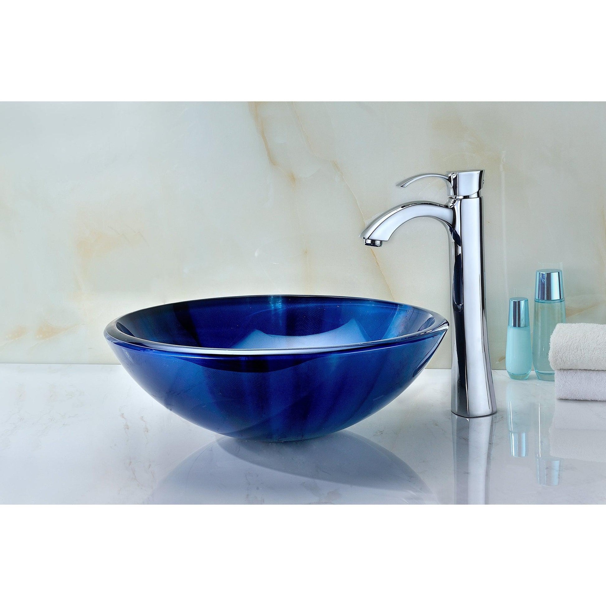 ANZZI Meno Series 17" x 17" Round Lustrous Blue Deco-Glass Vessel Sink With Polished Chrome Pop-Up Drain