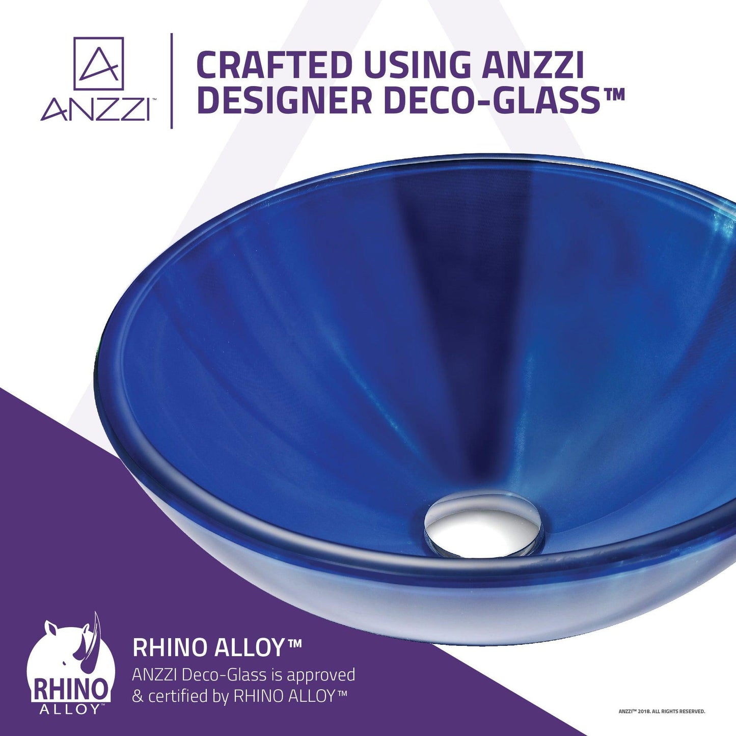 ANZZI Meno Series 17" x 17" Round Lustrous Blue Deco-Glass Vessel Sink With Polished Chrome Pop-Up Drain