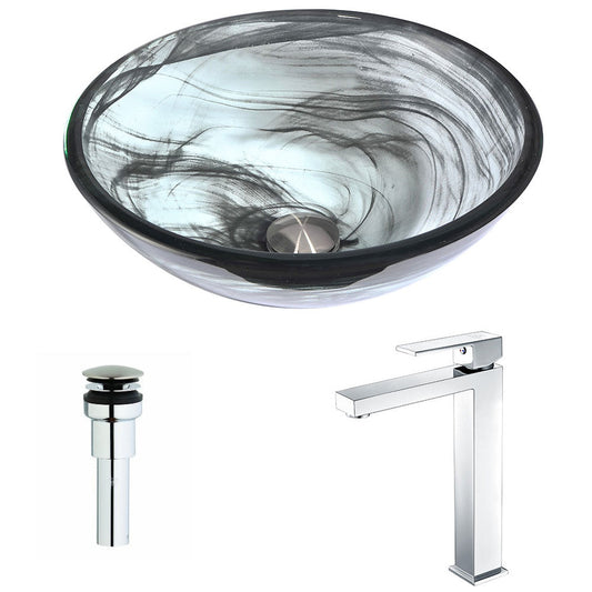 ANZZI Mezzo Series 17" x 17" Round Slumber Wisp Deco-Glass Vessel Sink With Chrome Pop-Up Drain and Enti Faucet
