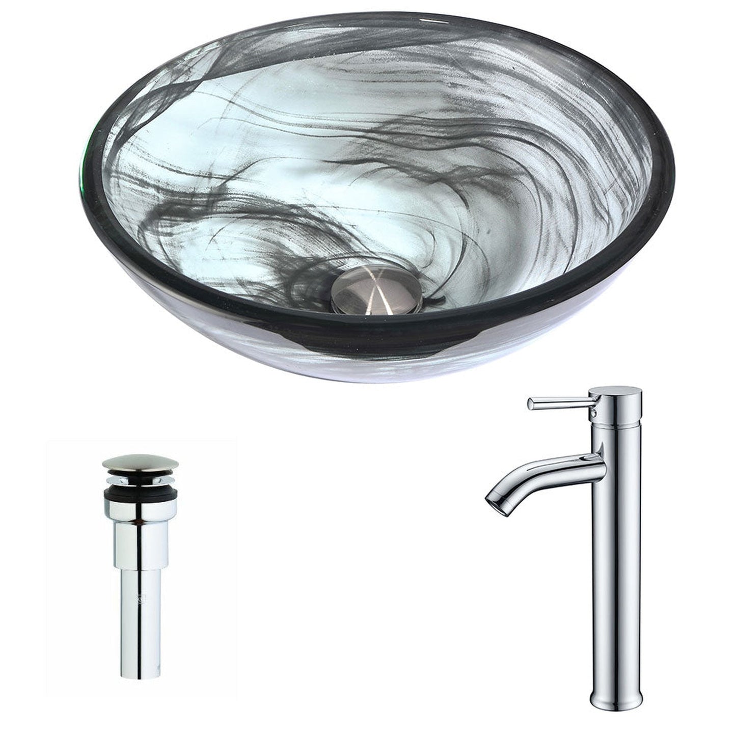 ANZZI Mezzo Series 17" x 17" Round Slumber Wisp Deco-Glass Vessel Sink With Chrome Pop-Up Drain and Fann Faucet