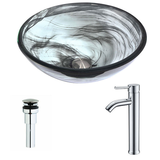 ANZZI Mezzo Series 17" x 17" Round Slumber Wisp Deco-Glass Vessel Sink With Chrome Pop-Up Drain and Fann Faucet