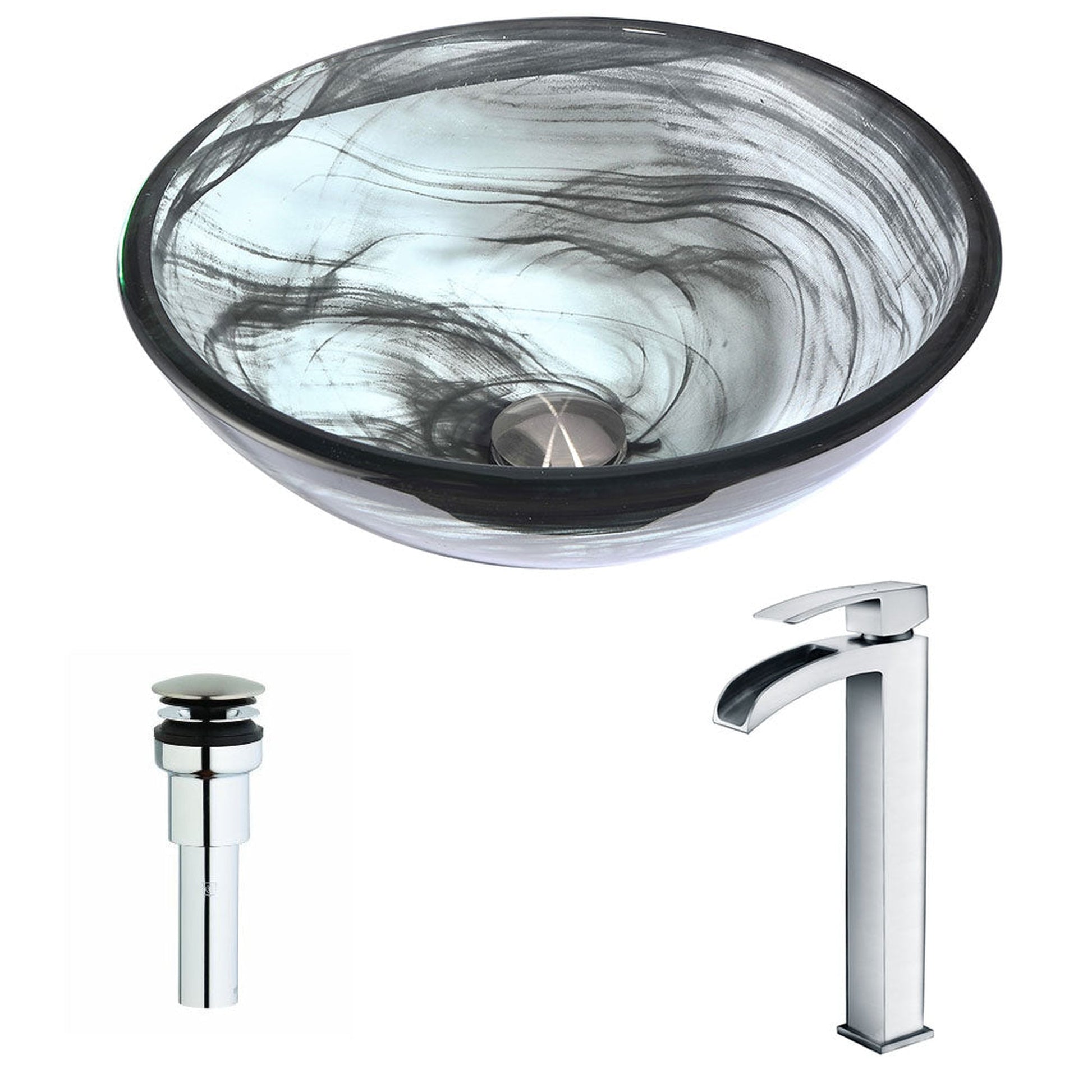 ANZZI Mezzo Series 17" x 17" Round Slumber Wisp Deco-Glass Vessel Sink With Chrome Pop-Up Drain and Key Faucet