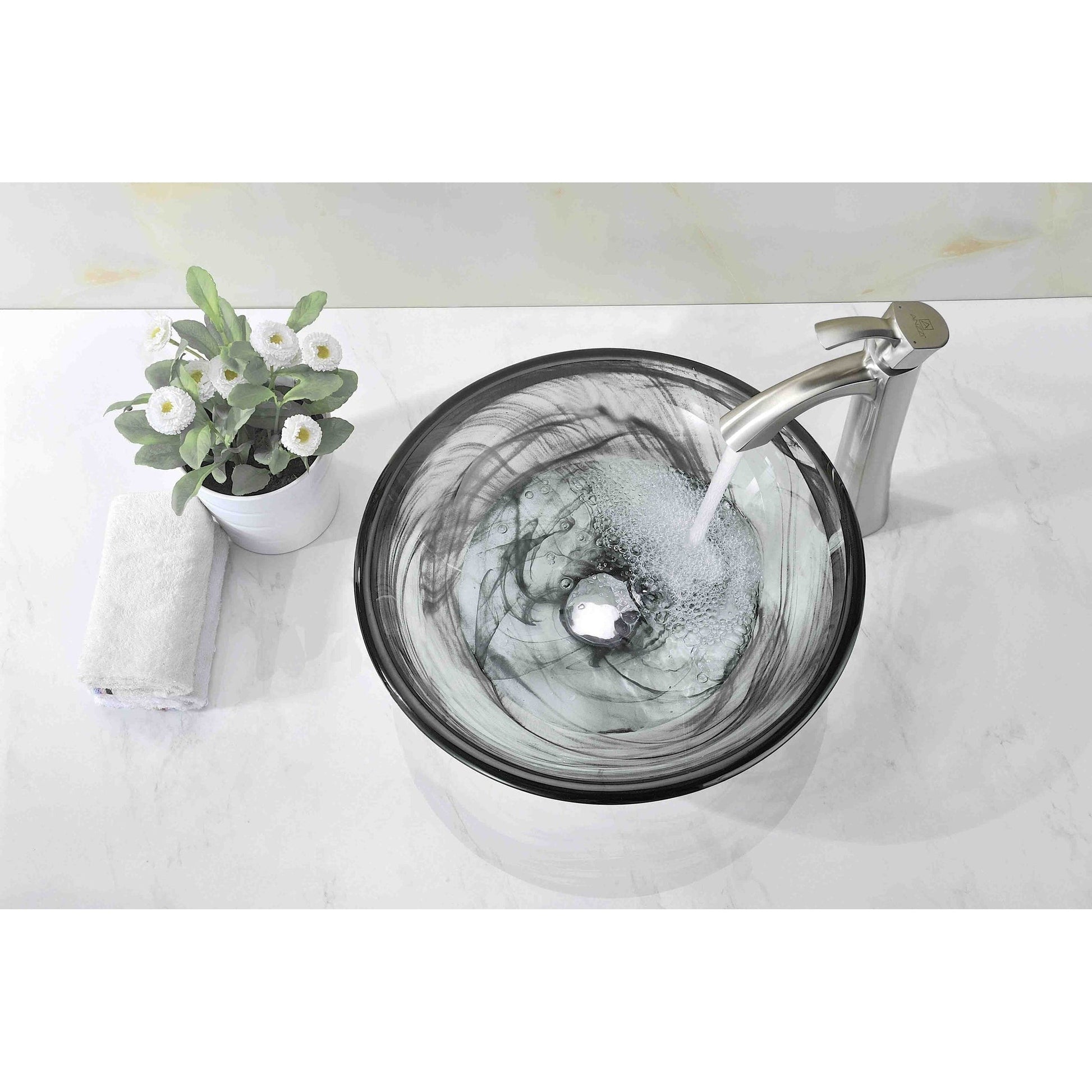 ANZZI Mezzo Series 17" x 17" Round Slumber Wisp Deco-Glass Vessel Sink With Polished Chrome Pop-Up Drain