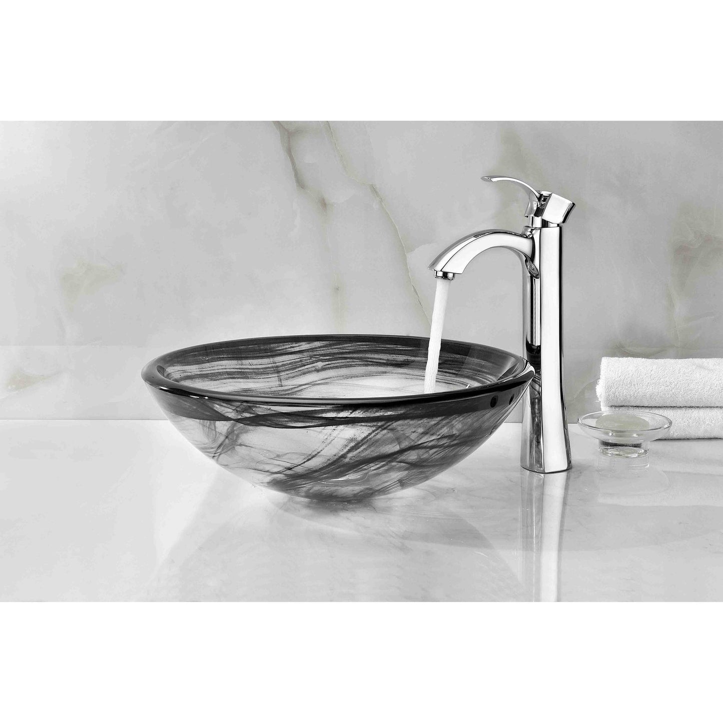 ANZZI Mezzo Series 17" x 17" Round Slumber Wisp Deco-Glass Vessel Sink With Polished Chrome Pop-Up Drain