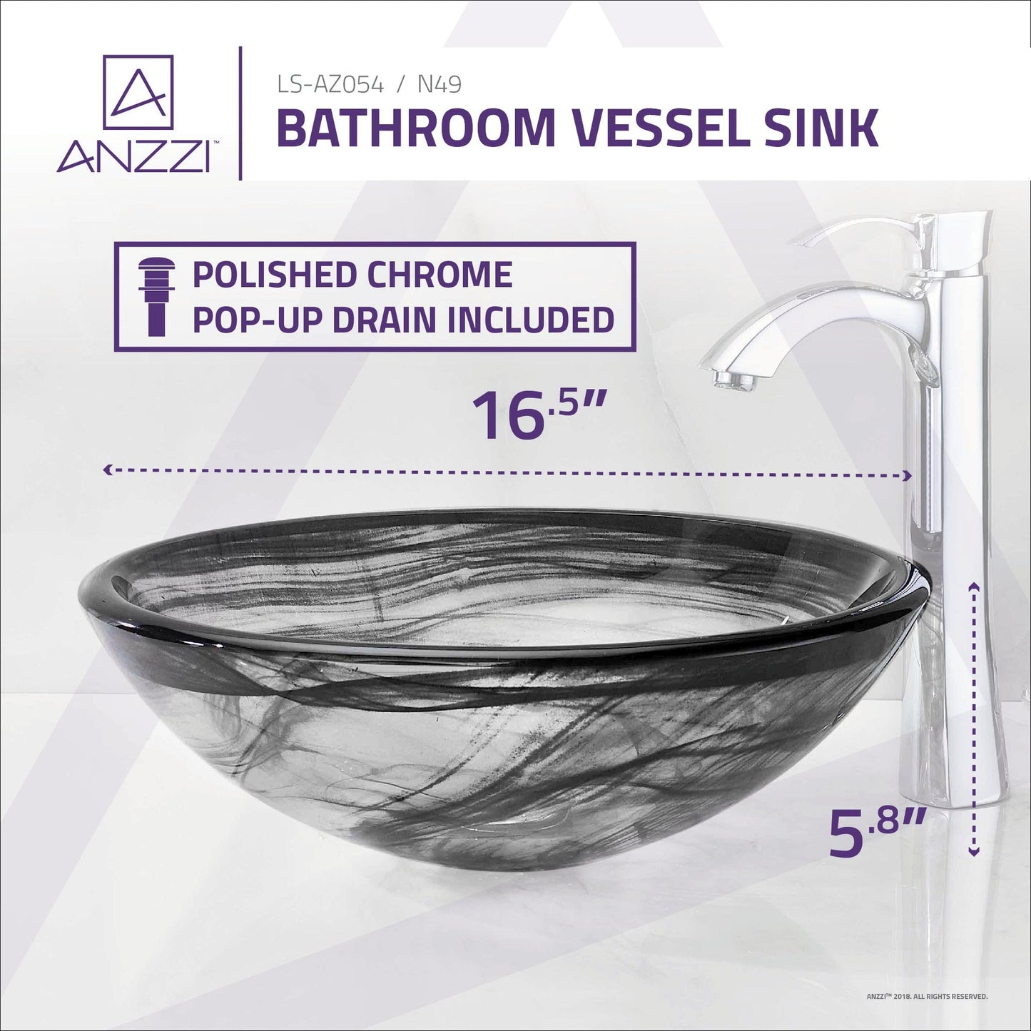 ANZZI Mezzo Series 17" x 17" Round Slumber Wisp Deco-Glass Vessel Sink With Polished Chrome Pop-Up Drain