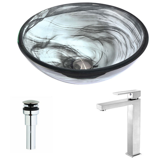 ANZZI Mezzo Series 17" x 17" Round Slumber Wisp Deco-Glass Vessel Sink With Polished Chrome Pop-Up Drain and Brushed Nickel Enti Faucet