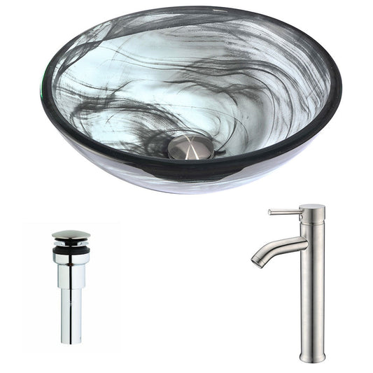 ANZZI Mezzo Series 17" x 17" Round Slumber Wisp Deco-Glass Vessel Sink With Polished Chrome Pop-Up Drain and Brushed Nickel Fann Faucet
