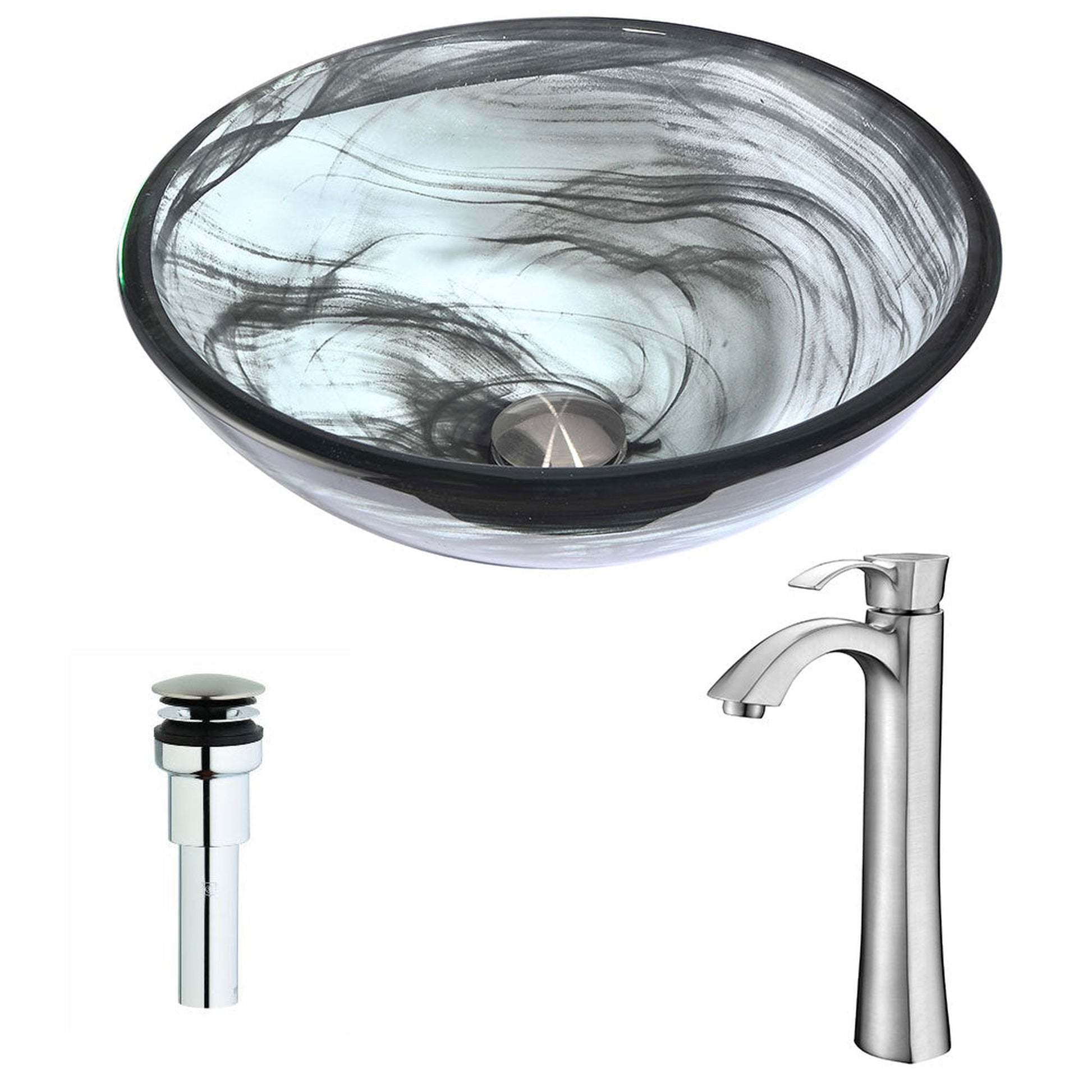ANZZI Mezzo Series 17" x 17" Round Slumber Wisp Deco-Glass Vessel Sink With Polished Chrome Pop-Up Drain and Brushed Nickel Harmony Faucet