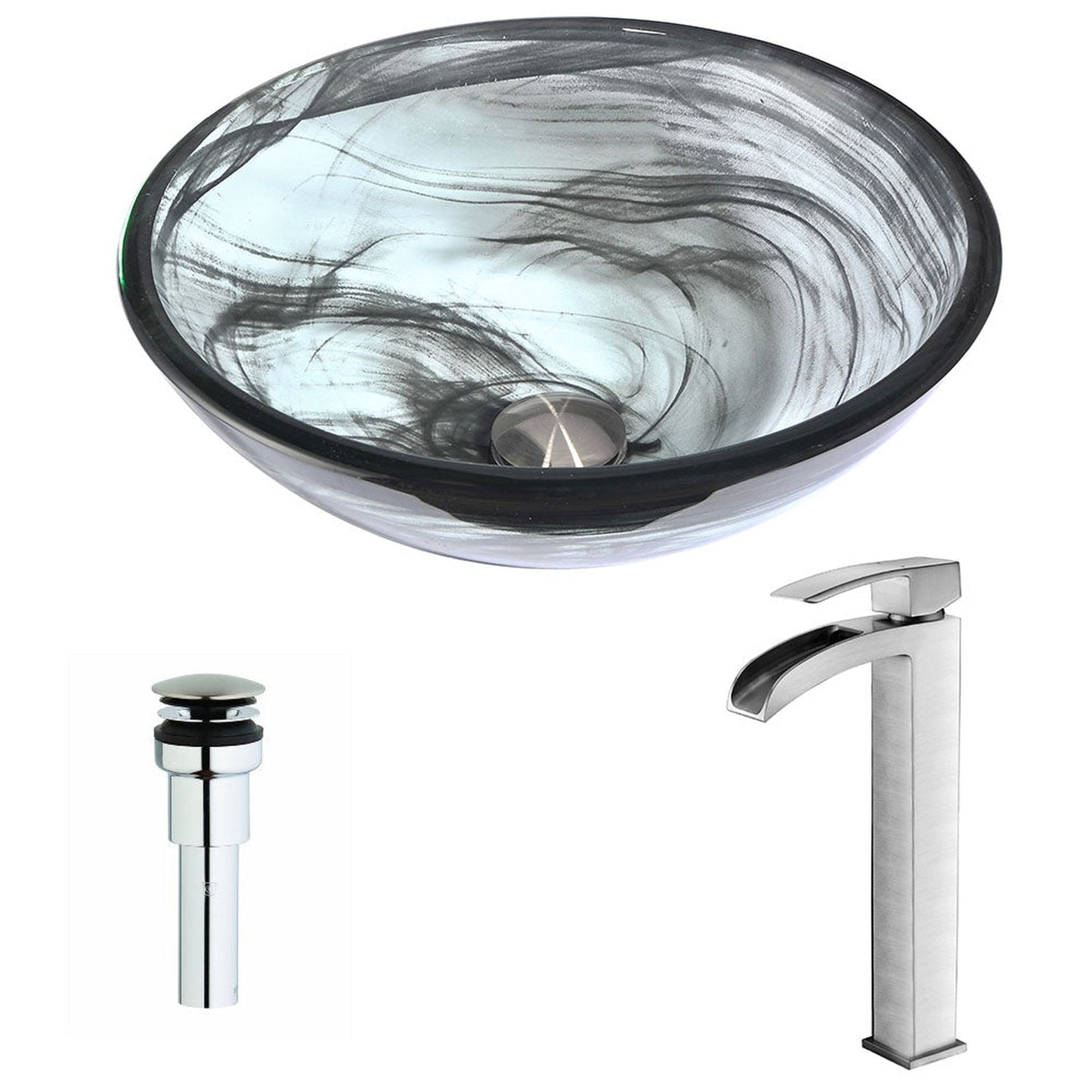 ANZZI Mezzo Series 17" x 17" Round Slumber Wisp Deco-Glass Vessel Sink With Polished Chrome Pop-Up Drain and Brushed Nickel Key Faucet