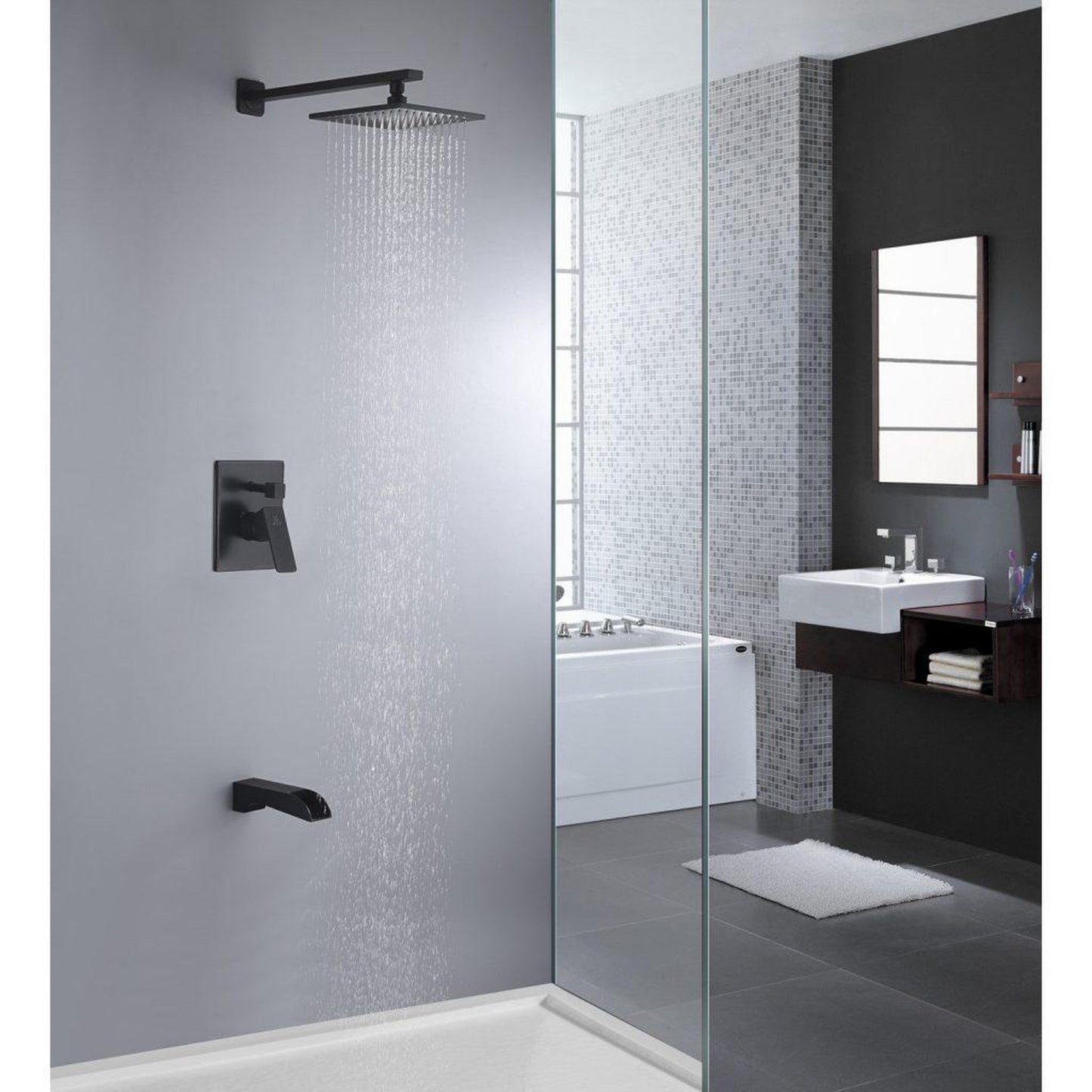 ANZZI Mezzo Series Matte Black Wall-Mounted Single Handle Heavy Rain Shower Head With Bath Faucet Set