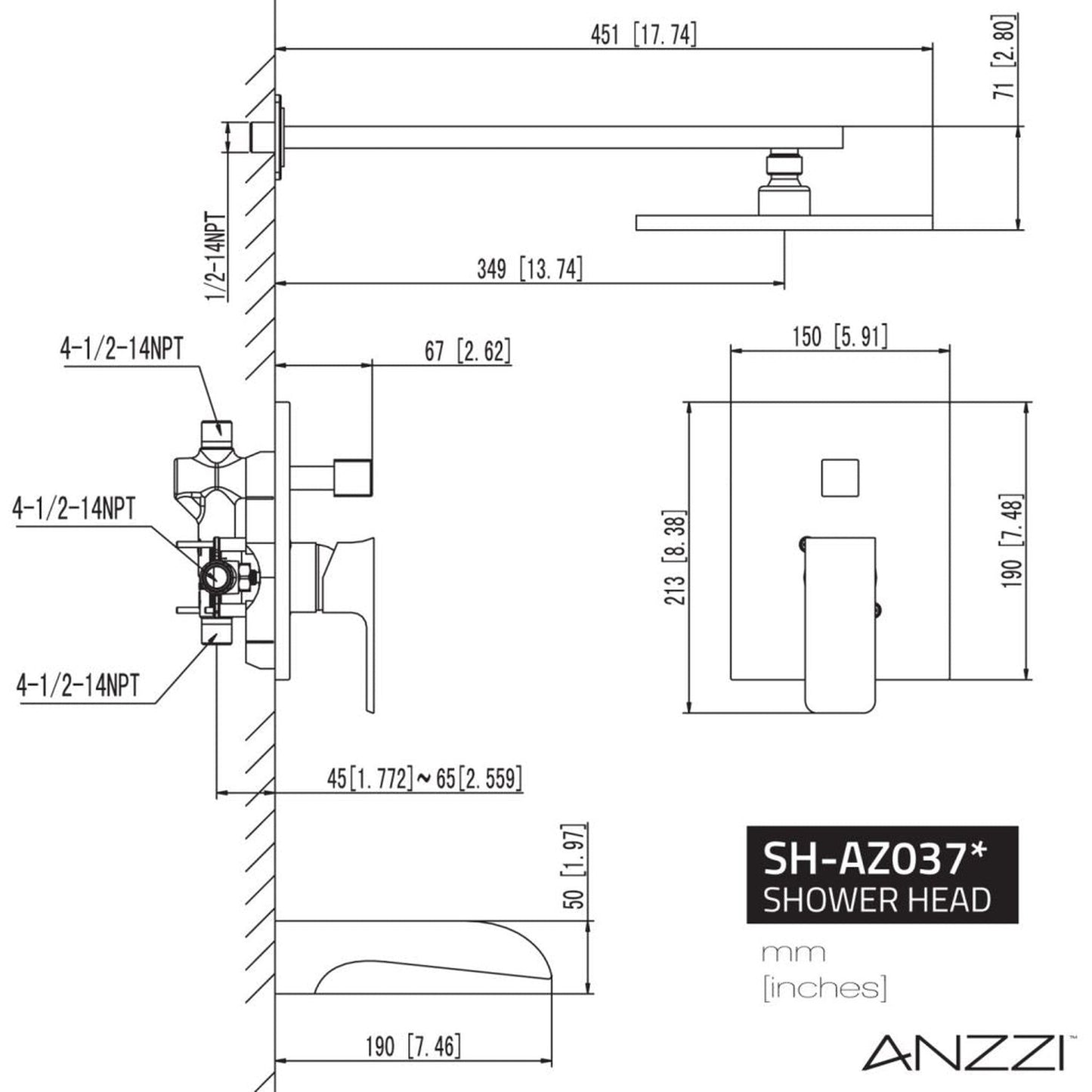 ANZZI Mezzo Series Matte Black Wall-Mounted Single Handle Heavy Rain Shower Head With Bath Faucet Set