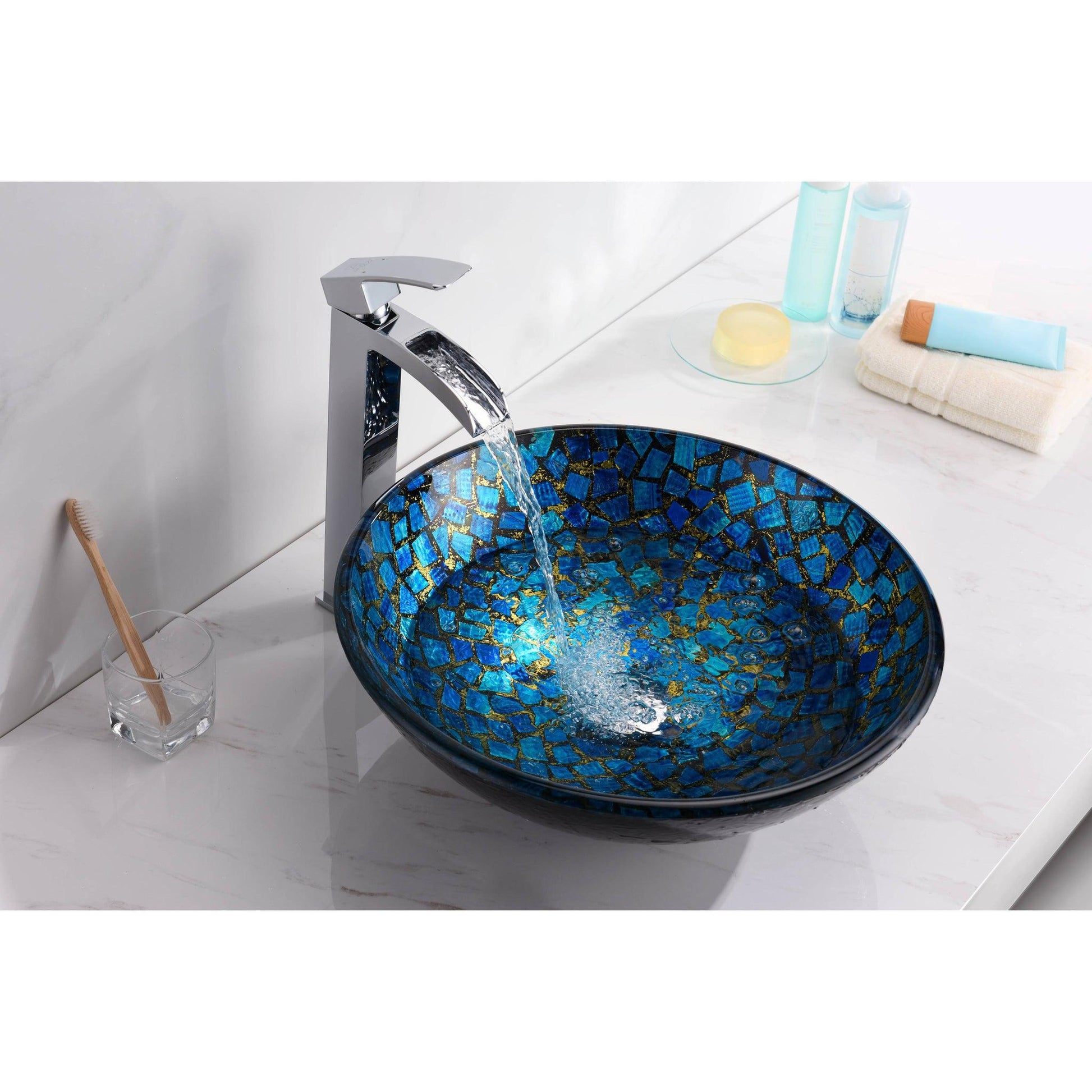 ANZZI Mosaic Series 17" x 17" Round Blue Deco-Glass Vessel Sink With Polished Chrome Pop-Up Drain