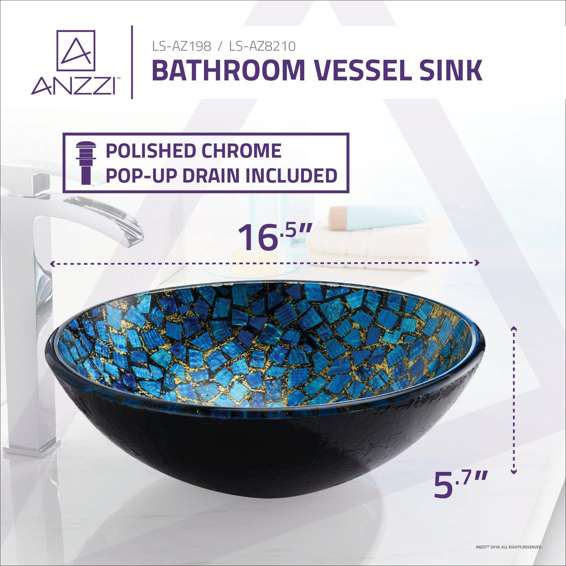 ANZZI Mosaic Series 17" x 17" Round Blue Deco-Glass Vessel Sink With Polished Chrome Pop-Up Drain