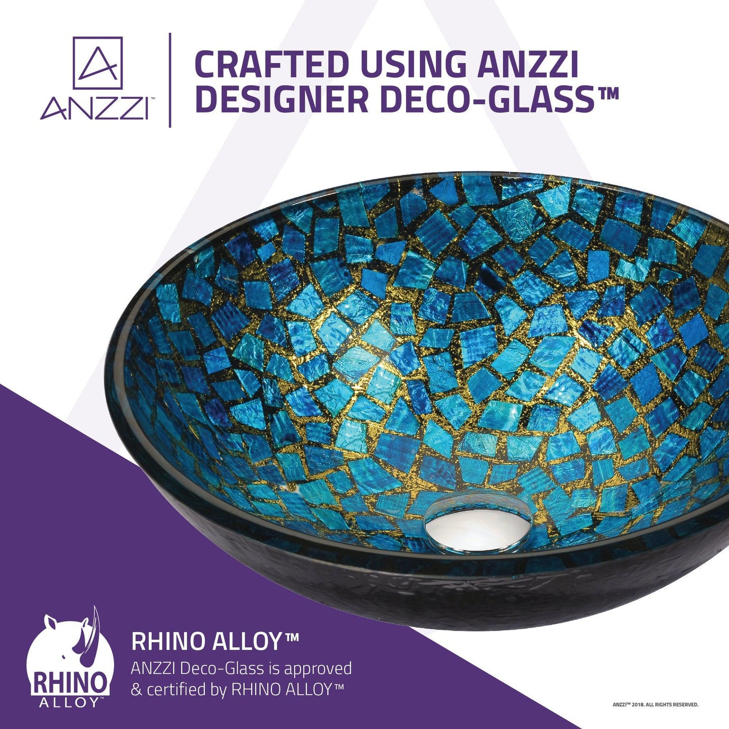 ANZZI Mosaic Series 17" x 17" Round Blue Deco-Glass Vessel Sink With Polished Chrome Pop-Up Drain