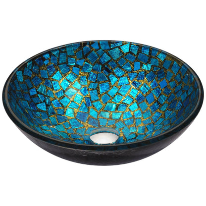 ANZZI Mosaic Series 17" x 17" Round Blue Deco-Glass Vessel Sink With Polished Chrome Pop-Up Drain