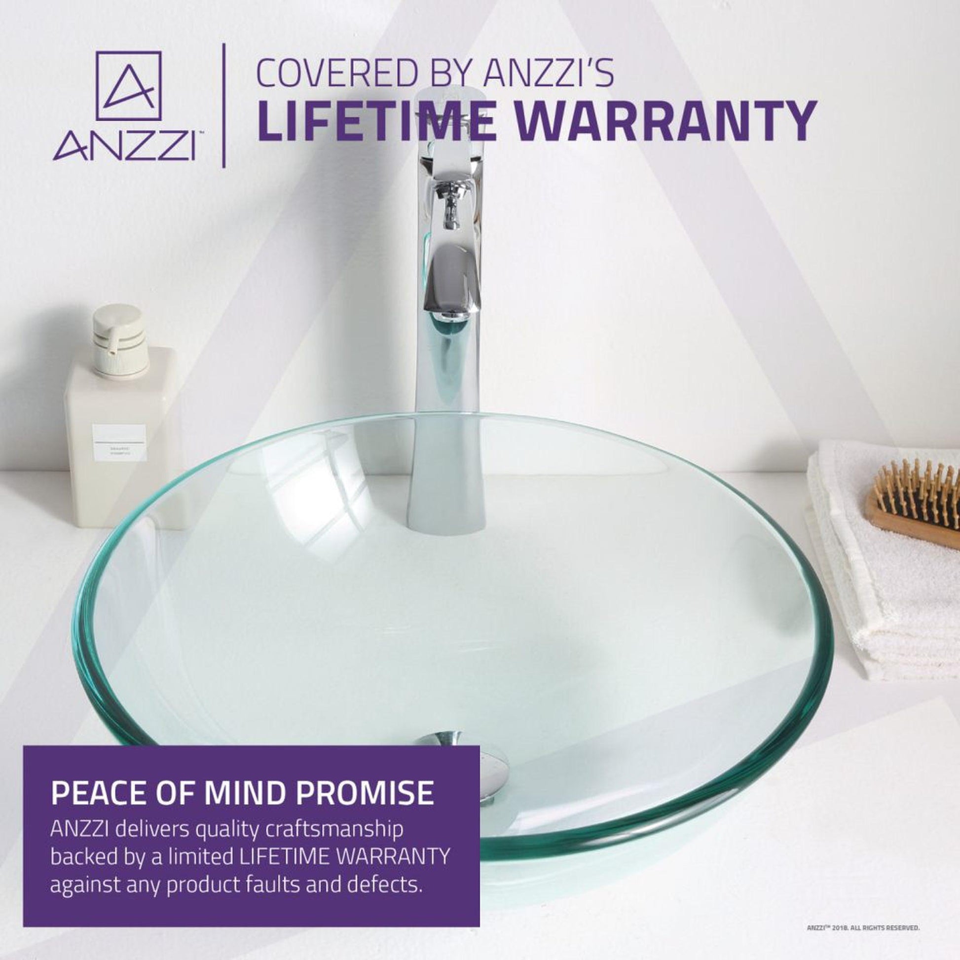 ANZZI Mythic Series 17" x 17" Round Lustrous Clear Deco-Glass Vessel Sink With Polished Chrome Pop-Up Drain