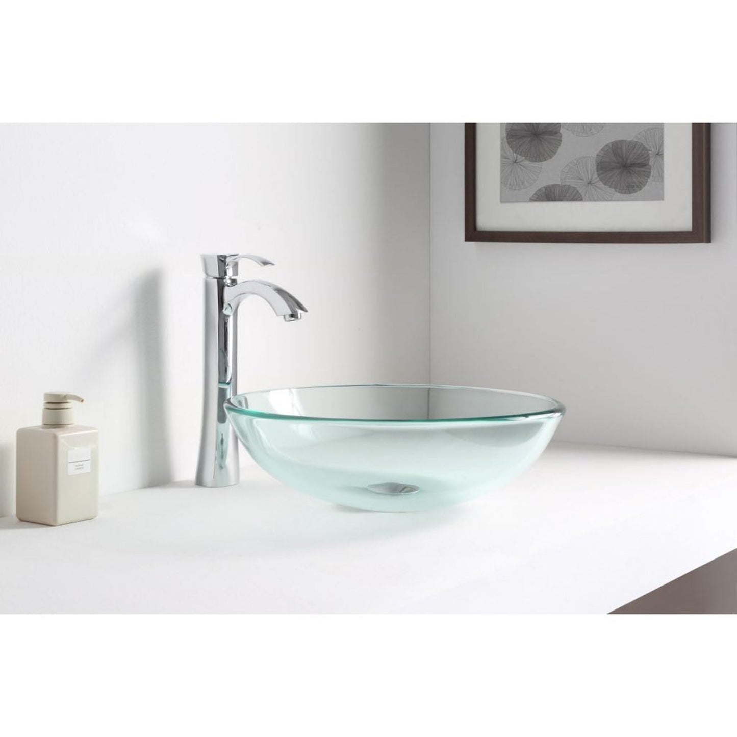 ANZZI Mythic Series 17" x 17" Round Lustrous Clear Deco-Glass Vessel Sink With Polished Chrome Pop-Up Drain