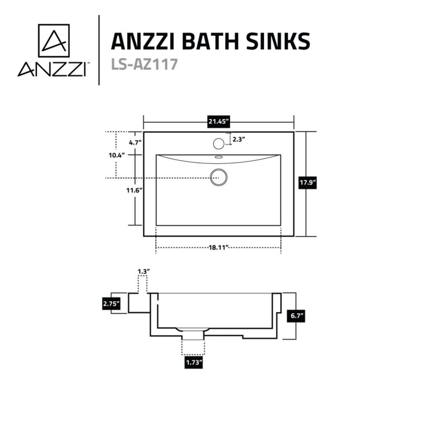 ANZZI Neptune Series 21" x 18" Single Hole Glossy White Rectangular Vessel Sink With Built-In Overflow