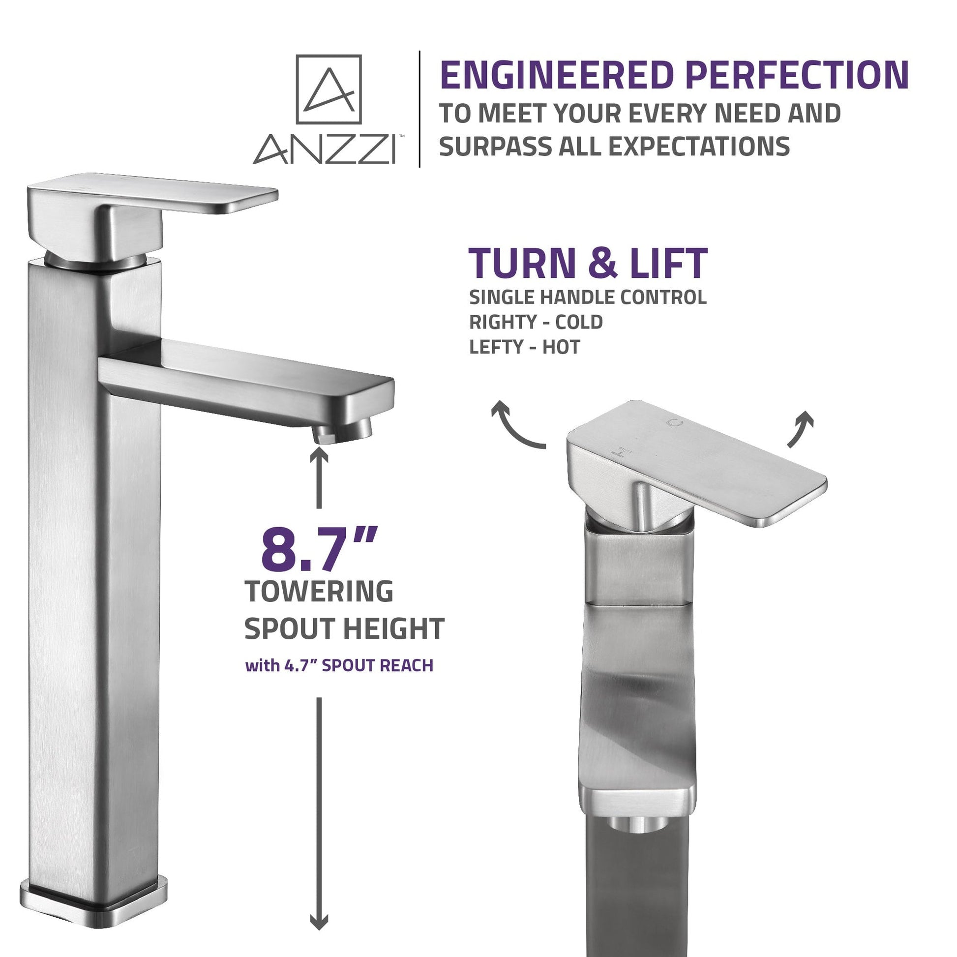 ANZZI Nettuno Series 9" Single Hole Brushed Nickel Bathroom Sink Faucet