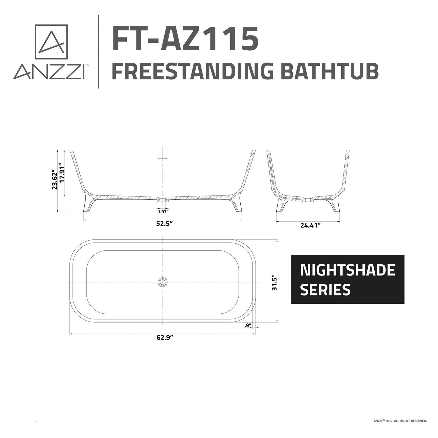 ANZZI Nightshade Series 63" x 32" Matte Black Freestanding Bathtub With Built-In Overflow and Pop-Up Drain