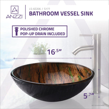ANZZI Nile Series 17" x 17" Round Shifting Earth Finish Deco-Glass Vessel Sink With Polished Chrome Pop-Up Drain