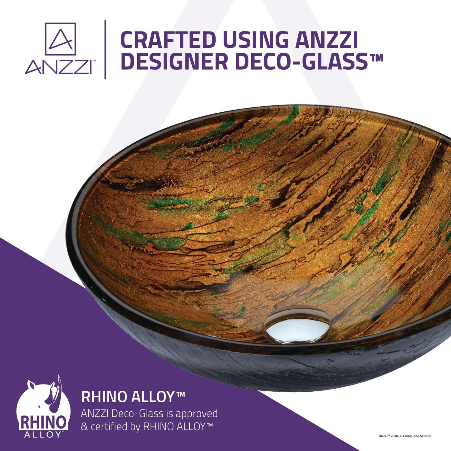ANZZI Nile Series 17" x 17" Round Shifting Earth Finish Deco-Glass Vessel Sink With Polished Chrome Pop-Up Drain